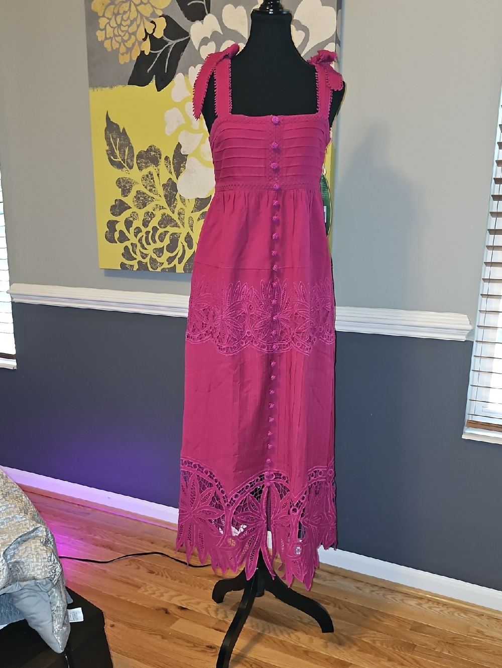 FARM Rio Pink Daisy Embroidered Midi Dress With Faux Button Front Sz M
